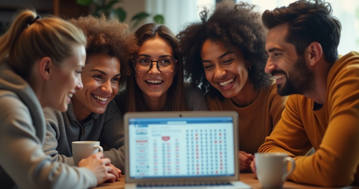 Grupo de pessoas reunidas em volta de um notebook apostando em um bolão online da Mega-Sena 