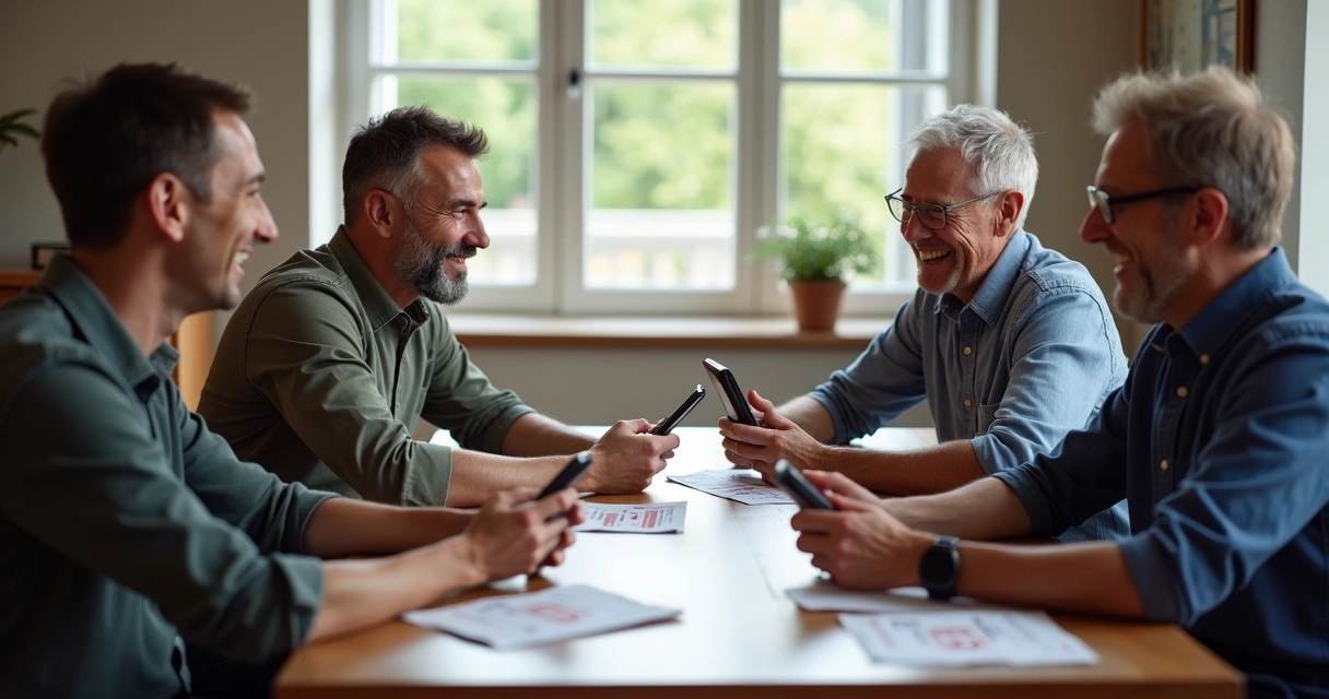 Várias pessoas reunidas sorrindo ao redor de uma mesa com folhas e celulares 