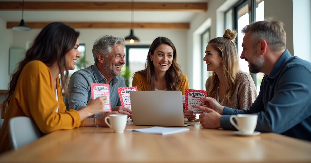Grupo diverso reunido em torno de mesa conferindo bolão da Mega-Sena 