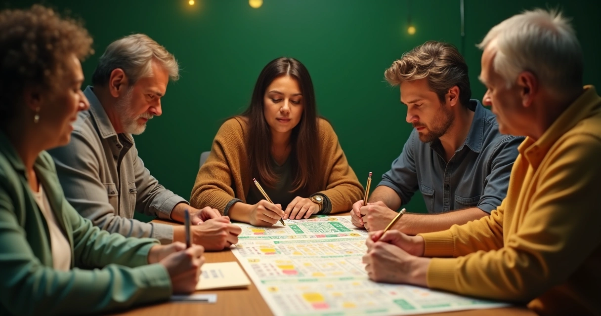 Grupo de pessoas reunidas apostando juntos em bolão da Mega Sena 