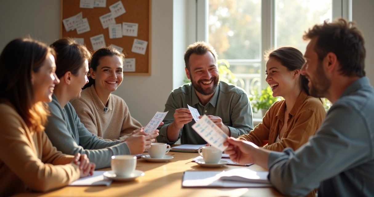 Grupo de pessoas segurando bilhetes de loteria, sorrindo em volta de uma mesa. 