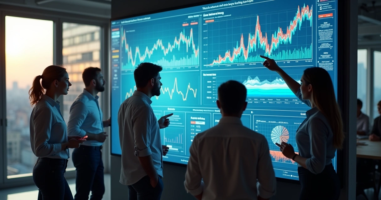 Pessoas analisando gráficos digitais em uma tela grande