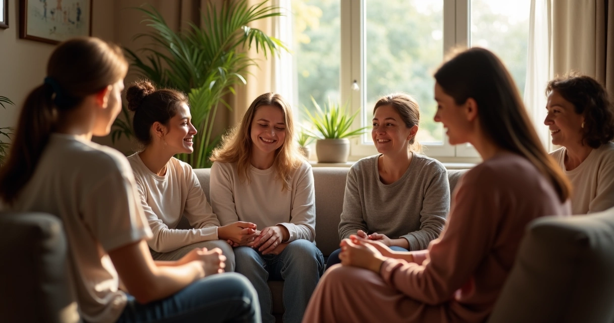 Grupo de personas diversas apoyándose emocionalmente sentados en círculo, ambiente cálido 