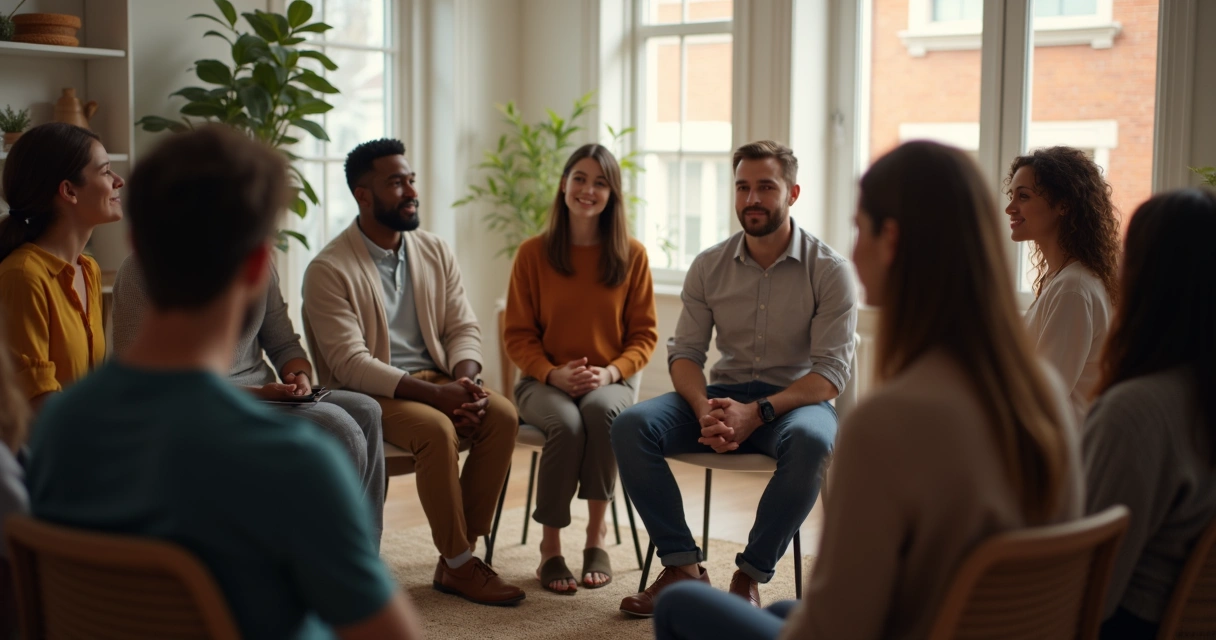 Grupo de personas sentados en círculo expresando emociones en una sala moderna 