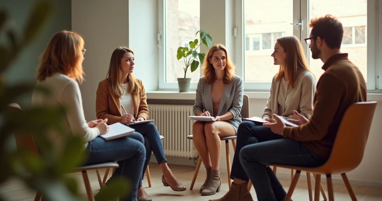Grupo pequeño conversando en un entorno sereno