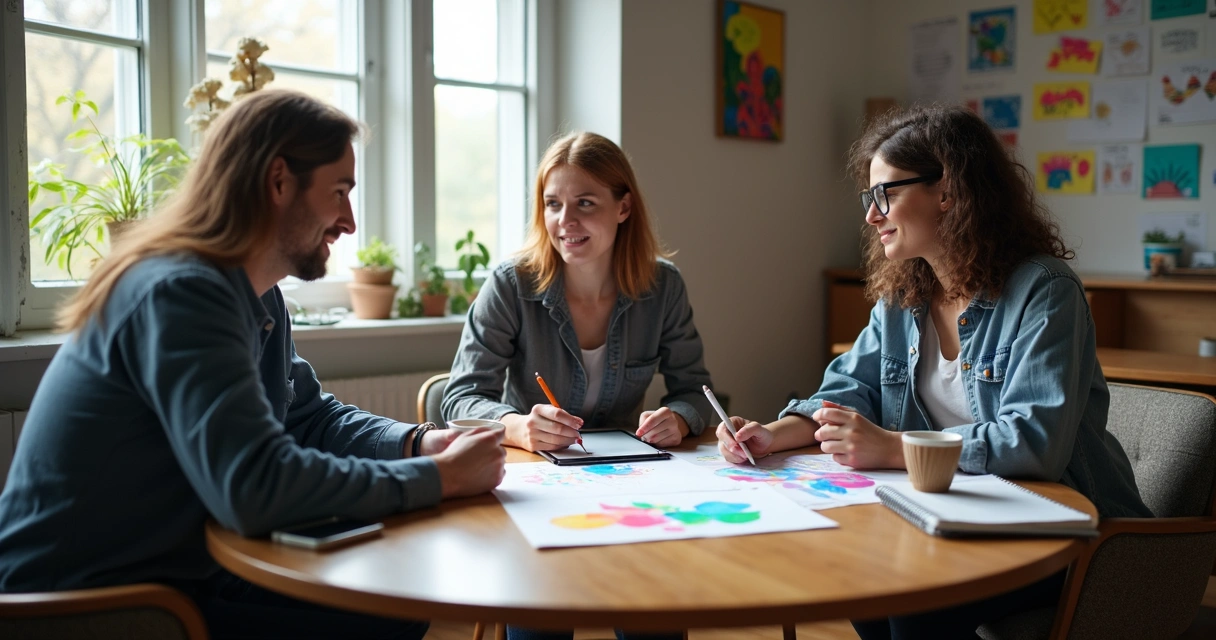 Tres personas conversando sobre proyectos creativos en mesa redonda 