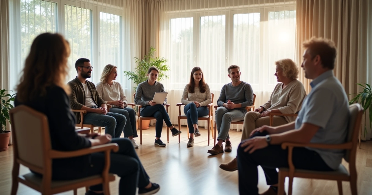 Grupo de adultos sentados en círculo en sala con luz natural