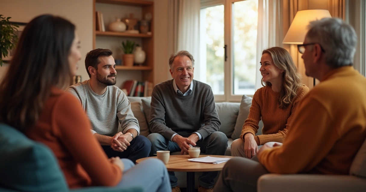 Diversos adultos sentados en círculo conversando de manera cercana