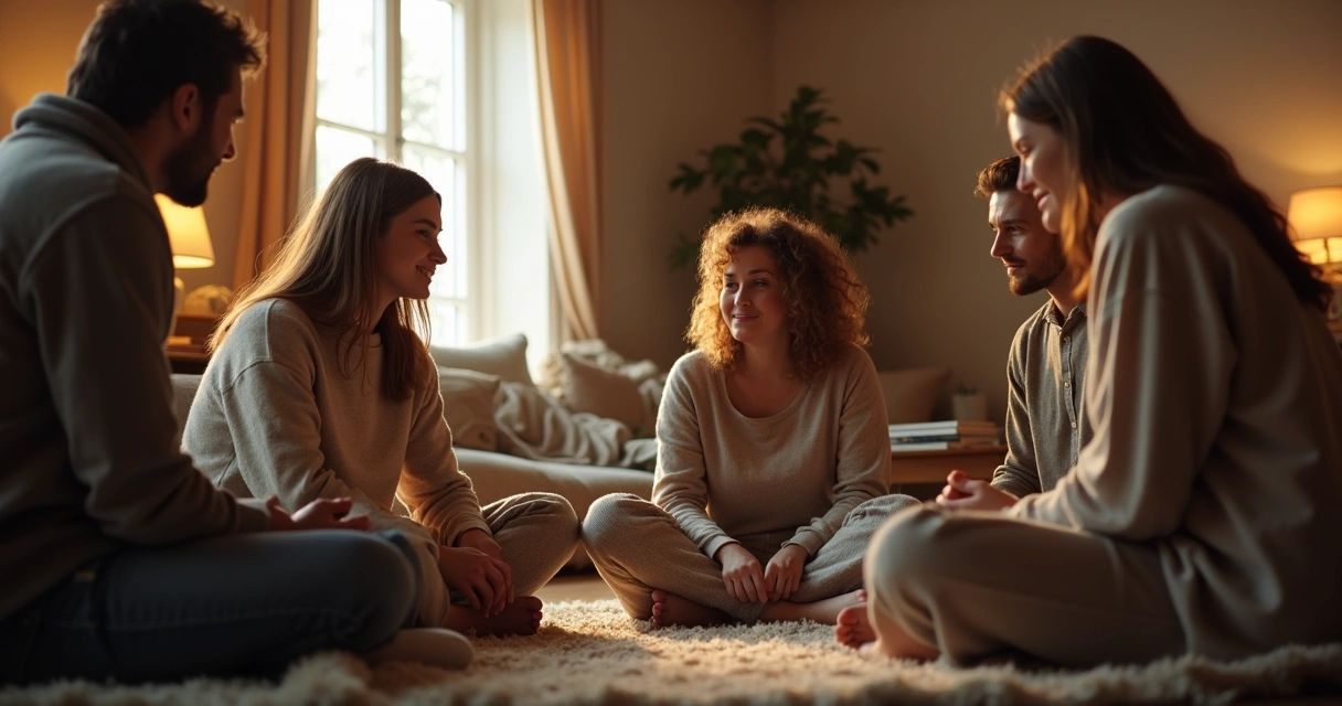 Grupo pequeño en círculo hablando y apoyándose mutuamente 