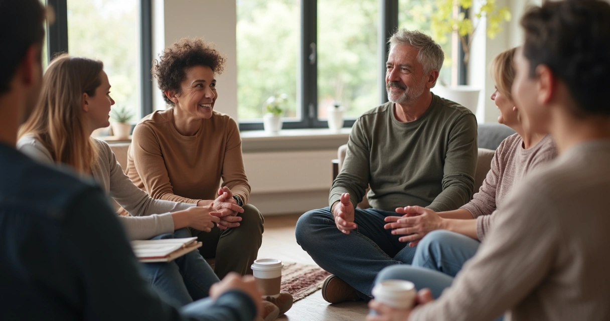 Grupo de personas reunidas conversando y apoyándose recíprocamente 