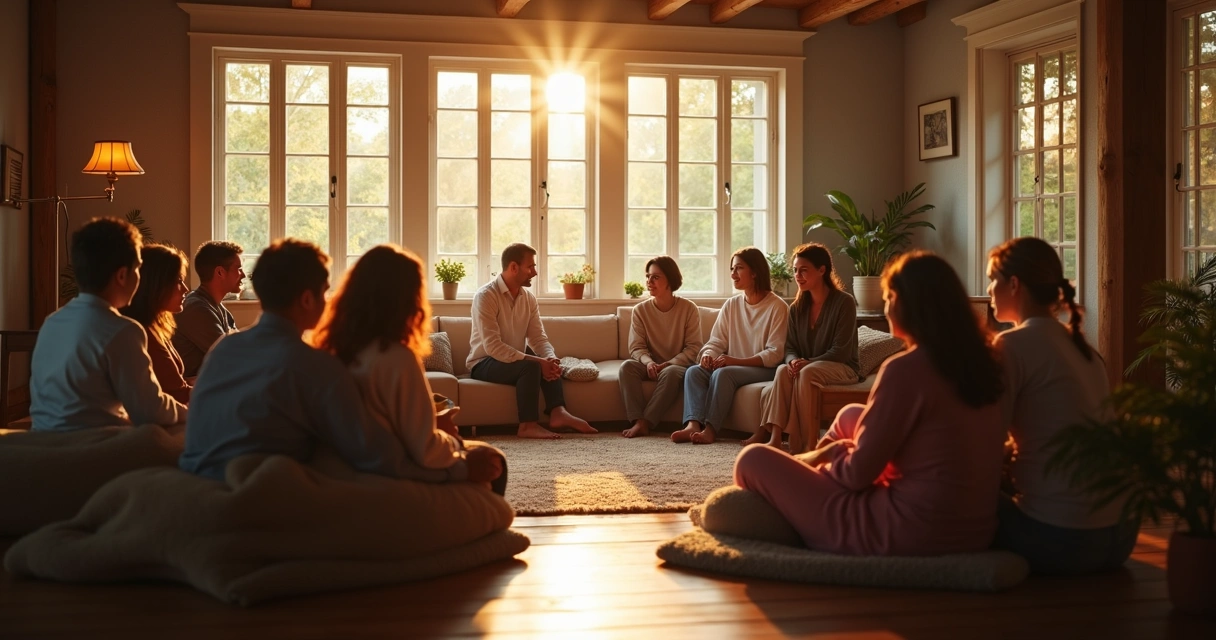 Varias personas sentadas en círculo compartiendo y escuchando en un espacio tranquilo y cálido 