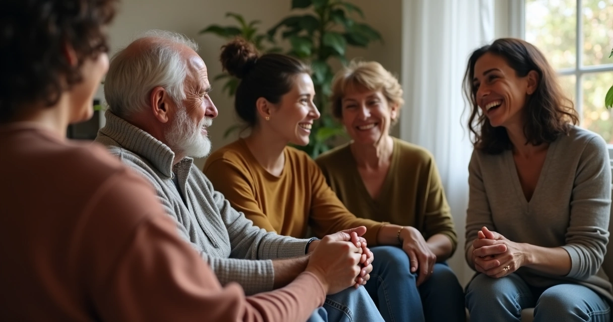Grupo de personas apoyándose emocionalmente sentados en círculo