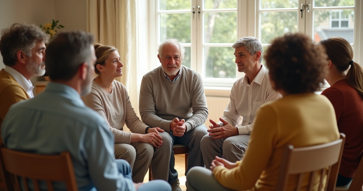 Grupo de personas conversando sentadas en círculo 