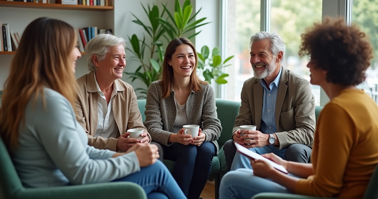 Grupo de personas conversando y sonriendo sentados en círculo 