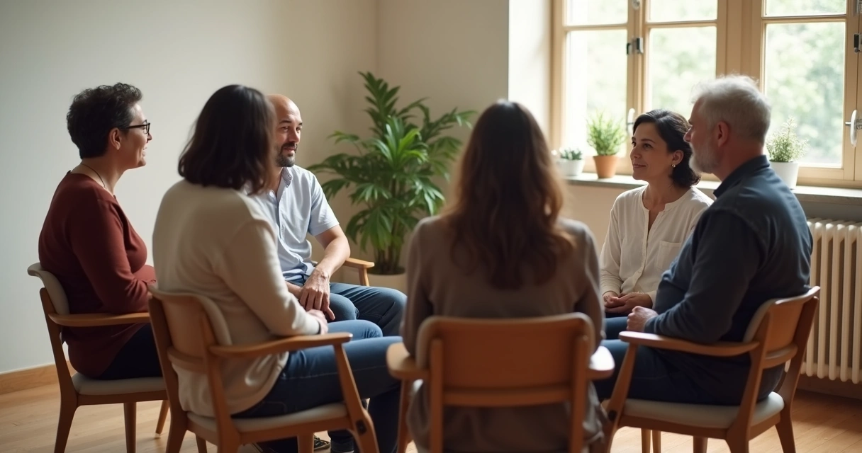Personas conversando en círculo en un espacio tranquilo