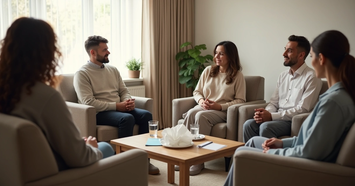 Grupo de apoyo conversando en una sala tranquila