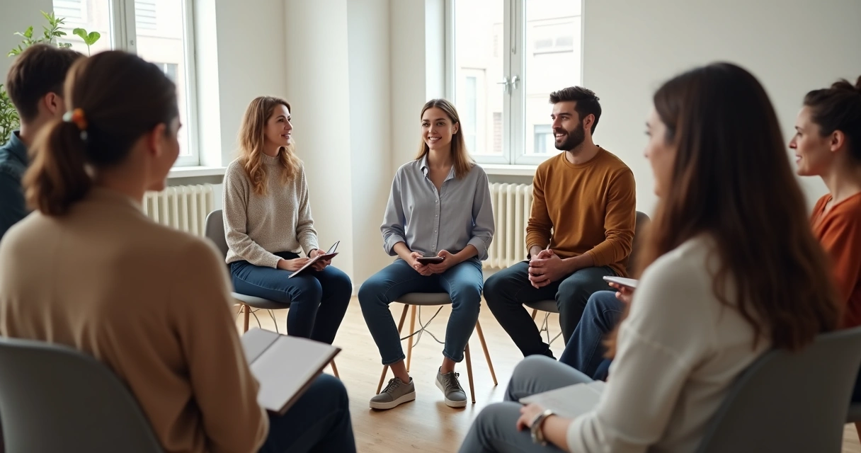 Un grupo de personas sentadas en círculo dialogando 