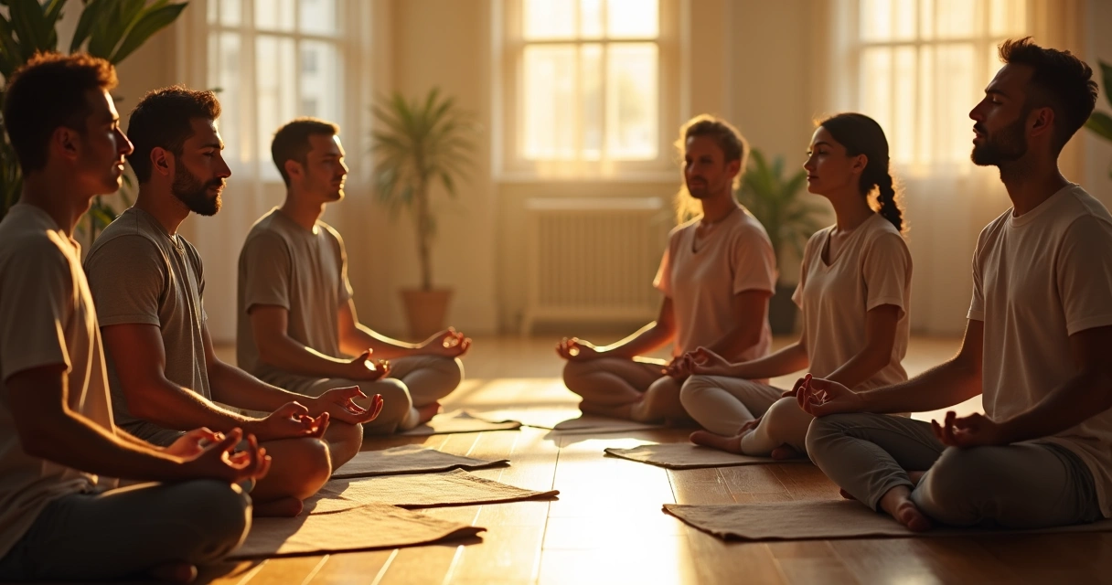 Pessoas praticando meditação em círculo em sala iluminada 