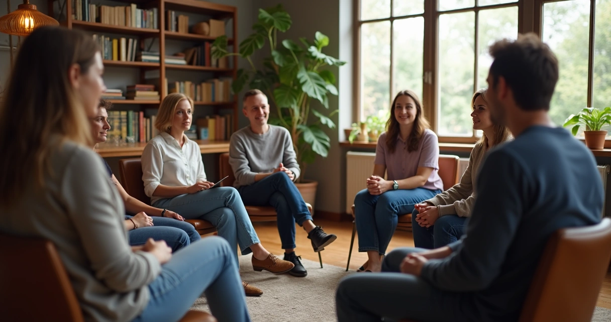 Grupo de pessoas sentadas em roda conversando em ambiente acolhedor