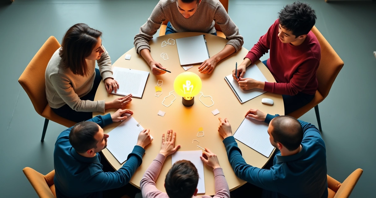 Grupo de pessoas discutindo e aprendendo juntos em uma mesa redonda 