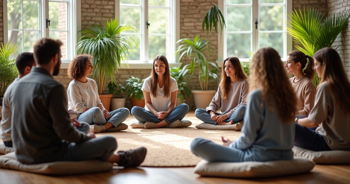 Personas sentadas en un círculo conversando tranquilamente en interior iluminado 