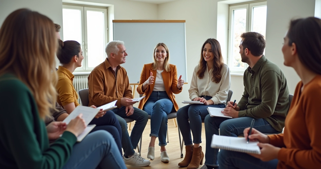 Grupo de adultos compartiendo aprendizaje en círculo 