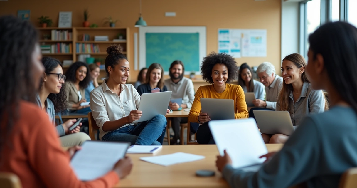 Grupo diversificado de pessoas estudando em círculo em uma instituição 