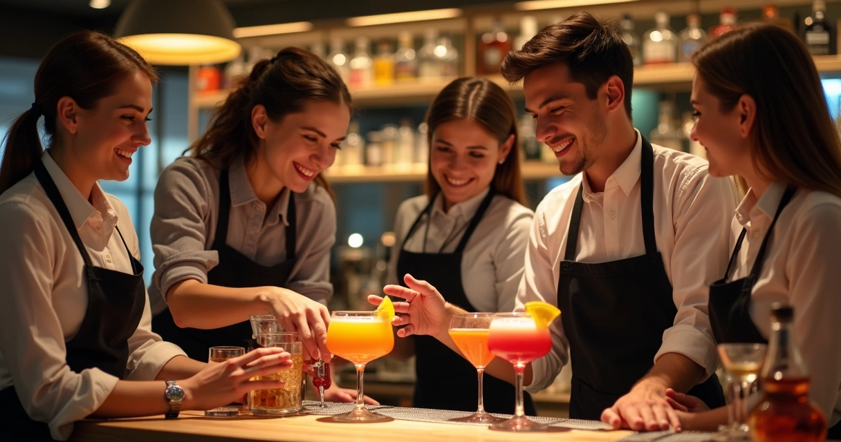 Turma de alunos interagindo e aprendendo técnicas de mixologia em ambiente bar 