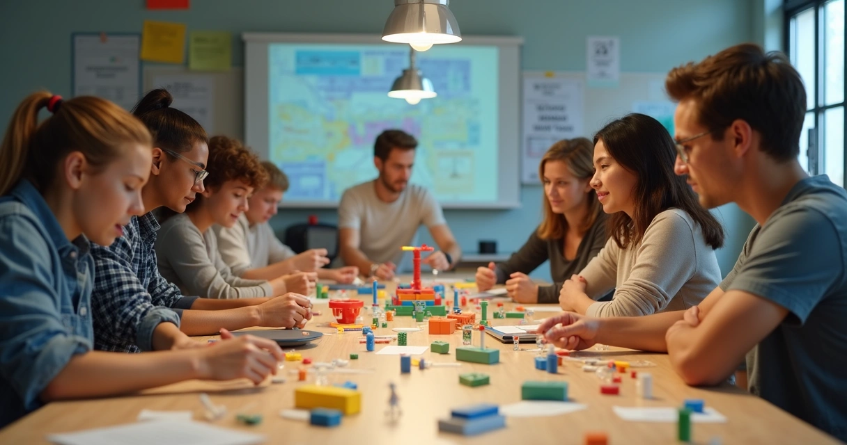 Grupo realizando atividade prática de aprendizagem com objetos e movimento