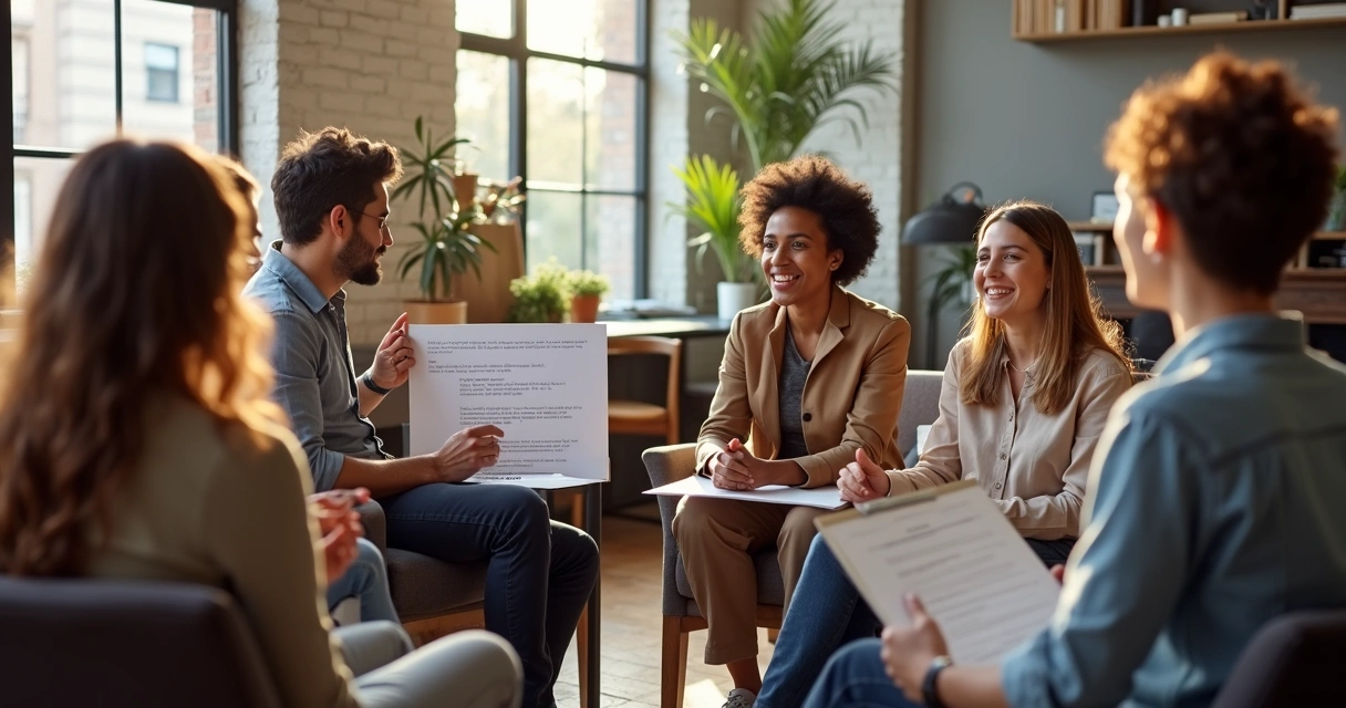 Equipe reunida em círculo aprendendo sobre diversidade e inclusão. 
