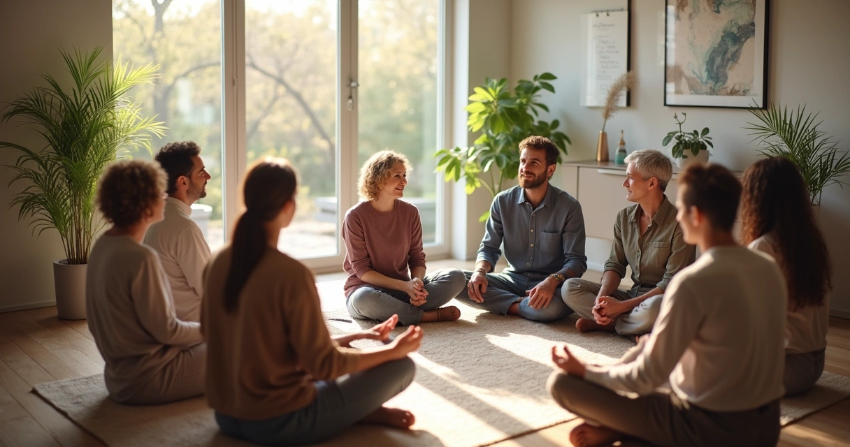 Grupo de personas sentadas en círculo aprendiendo sobre relaciones conscientes en una sala luminosa 