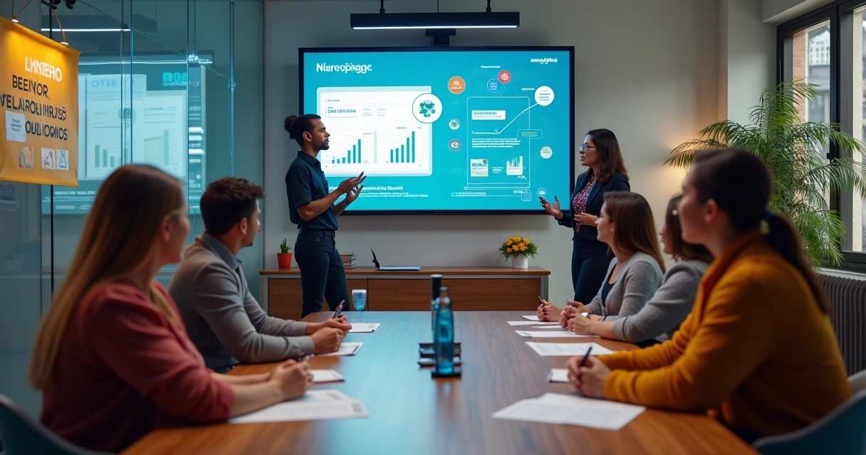 Time apresentando projeto digital para banca em incubadora 