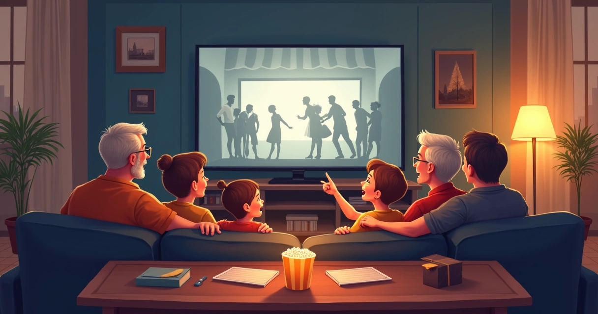 Família em sofá assistindo filme clássico na televisão, pais, filhos e avós atentos à tela.