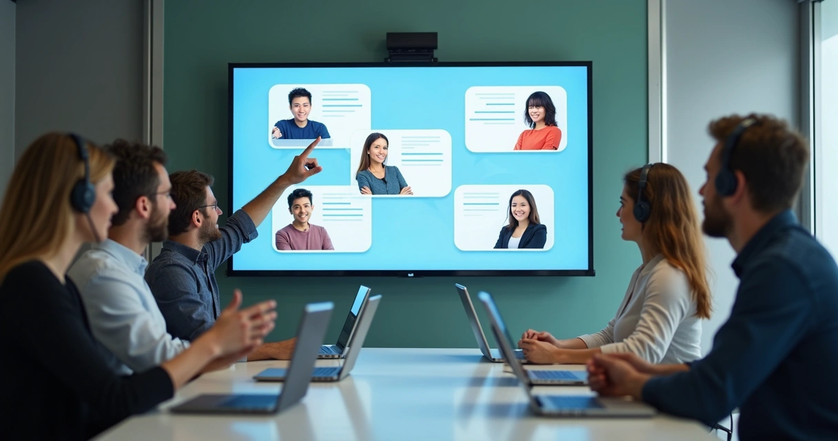Equipe acompanhando grupo de atendimento em tela 