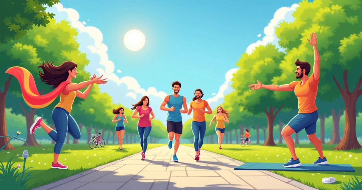 Grupo diversificado praticando atividades físicas em um parque ensolarado, promovendo saúde e bem-estar.