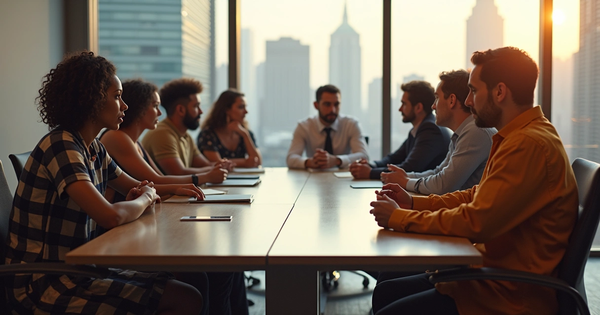 Grupo diverso em sala de reunião, pessoas olhando em direções diferentes