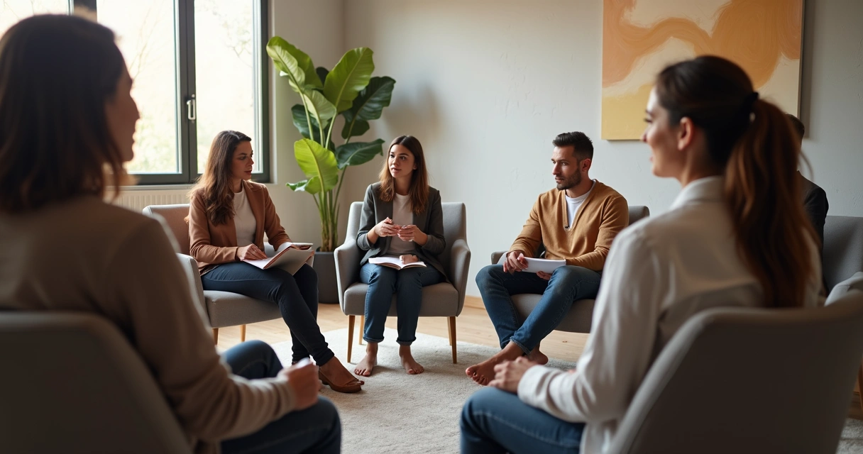 Pessoas em círculo em sala iluminada praticando autodesenvolvimento em grupo 