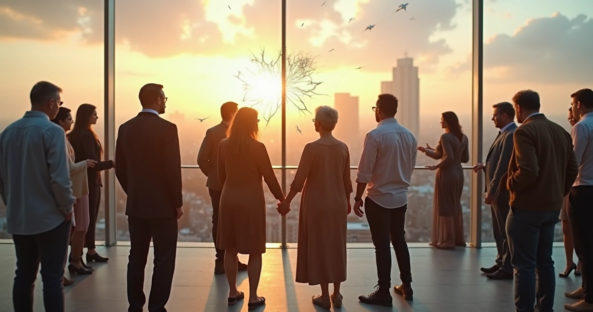 Grupo diverso em círculo superando barreira simbólica em ambiente urbano moderno 