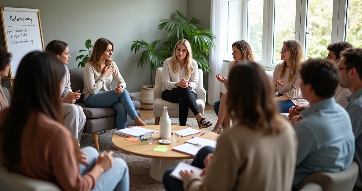 Grupo diverso sentado em círculo praticando escuta e autonomia emocional em reunião tranquila 