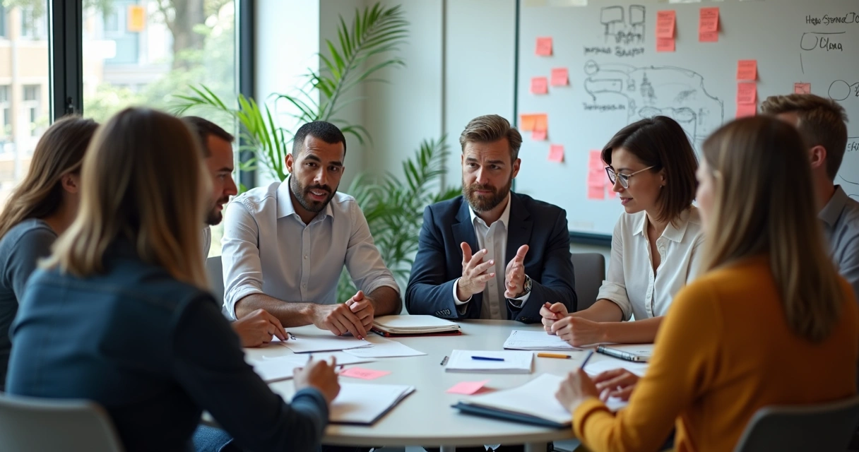 Equipe reunida em círculo, discutindo ideias em um escritório iluminado 