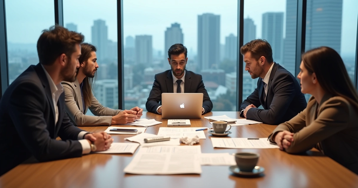 Equipe reunida em mesa de reunião com clima tenso e desconectado 
