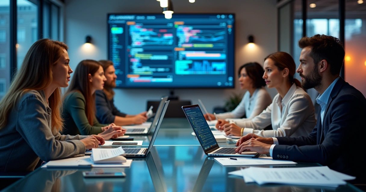 Profissionais analisando projetos digitais em reunião colaborativa com laptops e gráficos ao fundo 