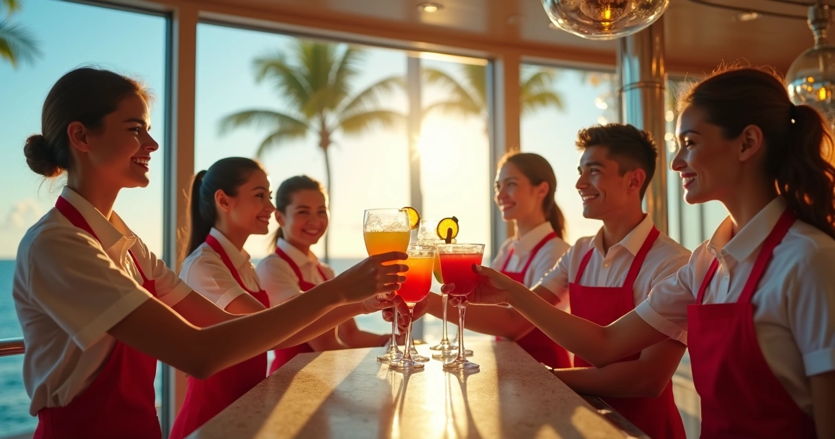 Grupo de bartenders em ambiente de cruzeiro sorrindo e brindando 