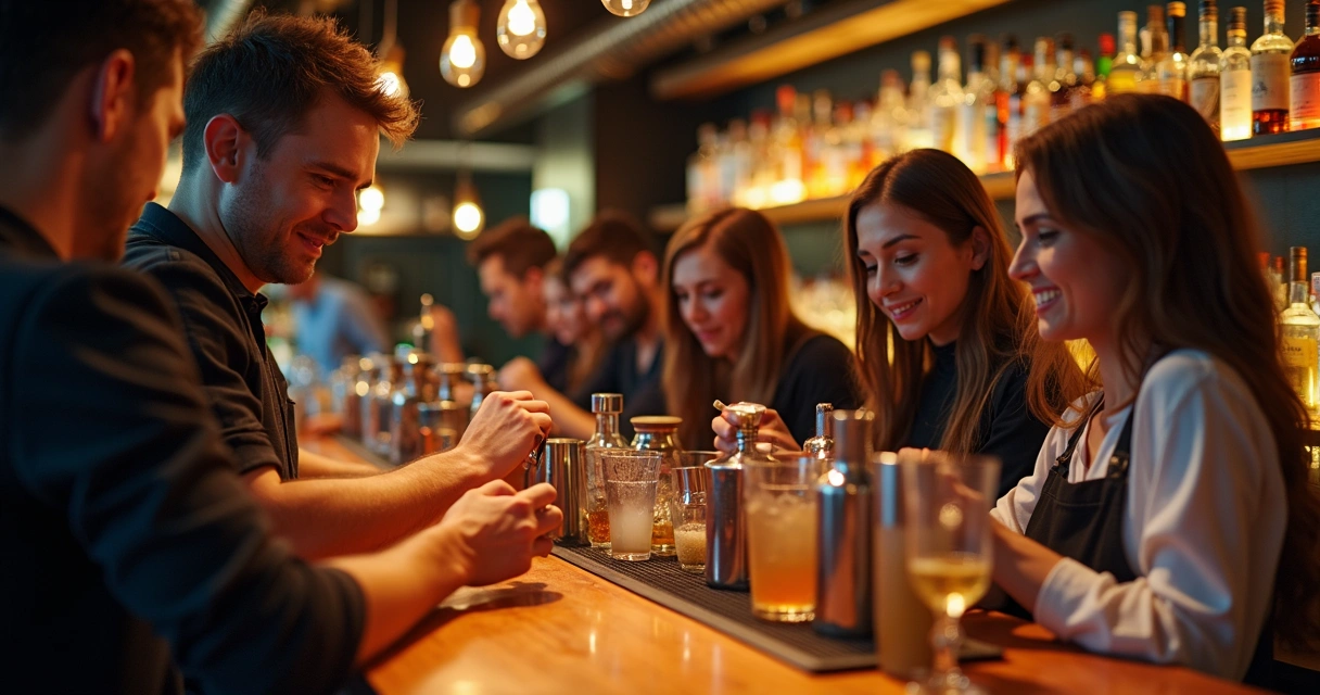 Grupo de bartenders praticando coquetelaria em aula prática 