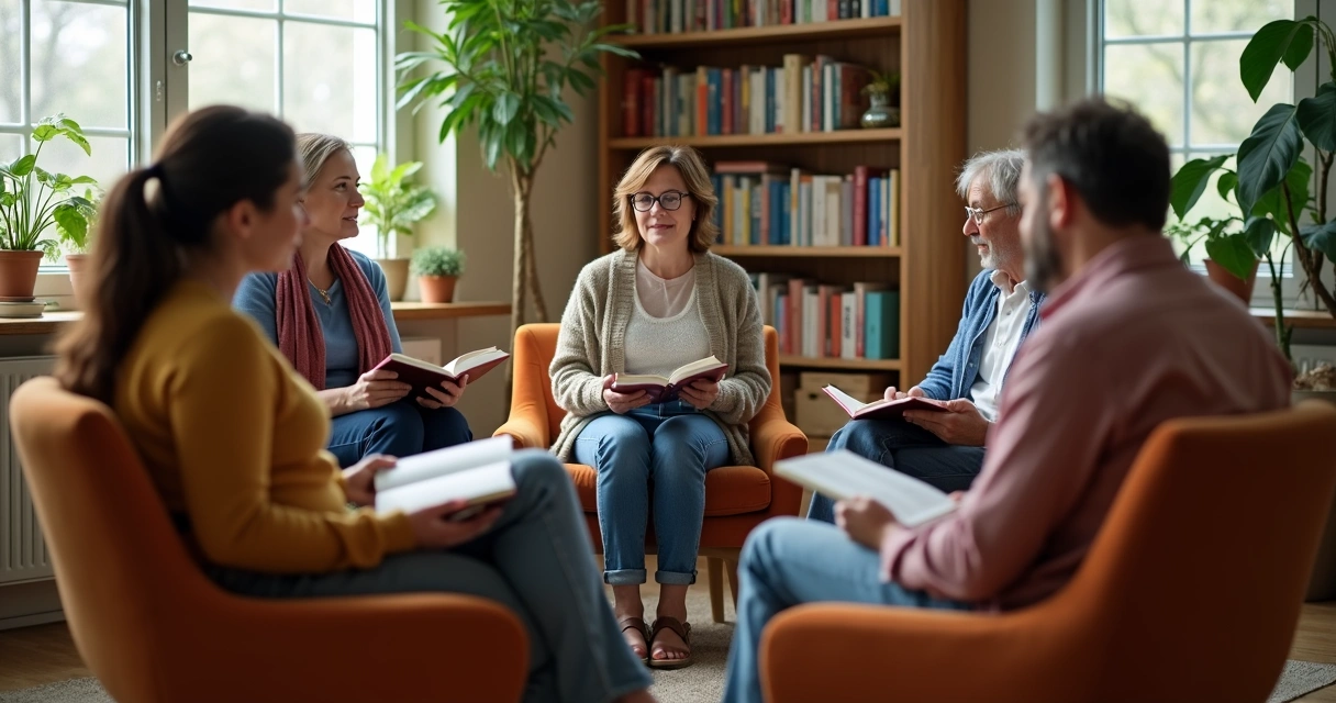 Grupo em roda praticando biblioterapia com contos 