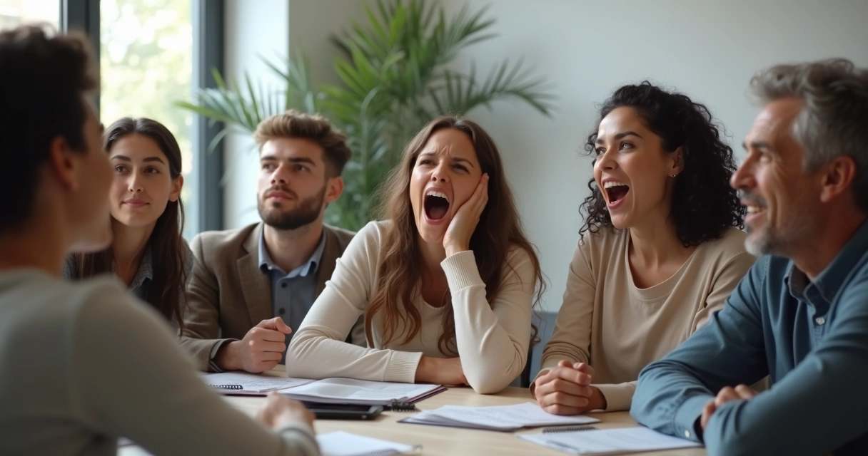 Pessoas sentadas em uma sala, algumas bocejando ao mesmo tempo 