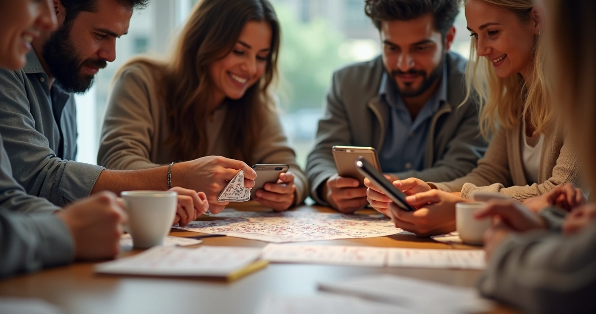 Pessoas reunidas em volta de uma mesa fazendo aposta em bolão em clima amistoso. 