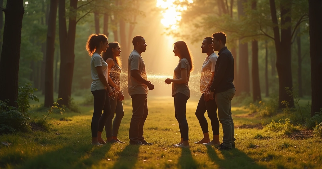 Grupo de personas en claro de bosque con luces indicando conexión y dirección 