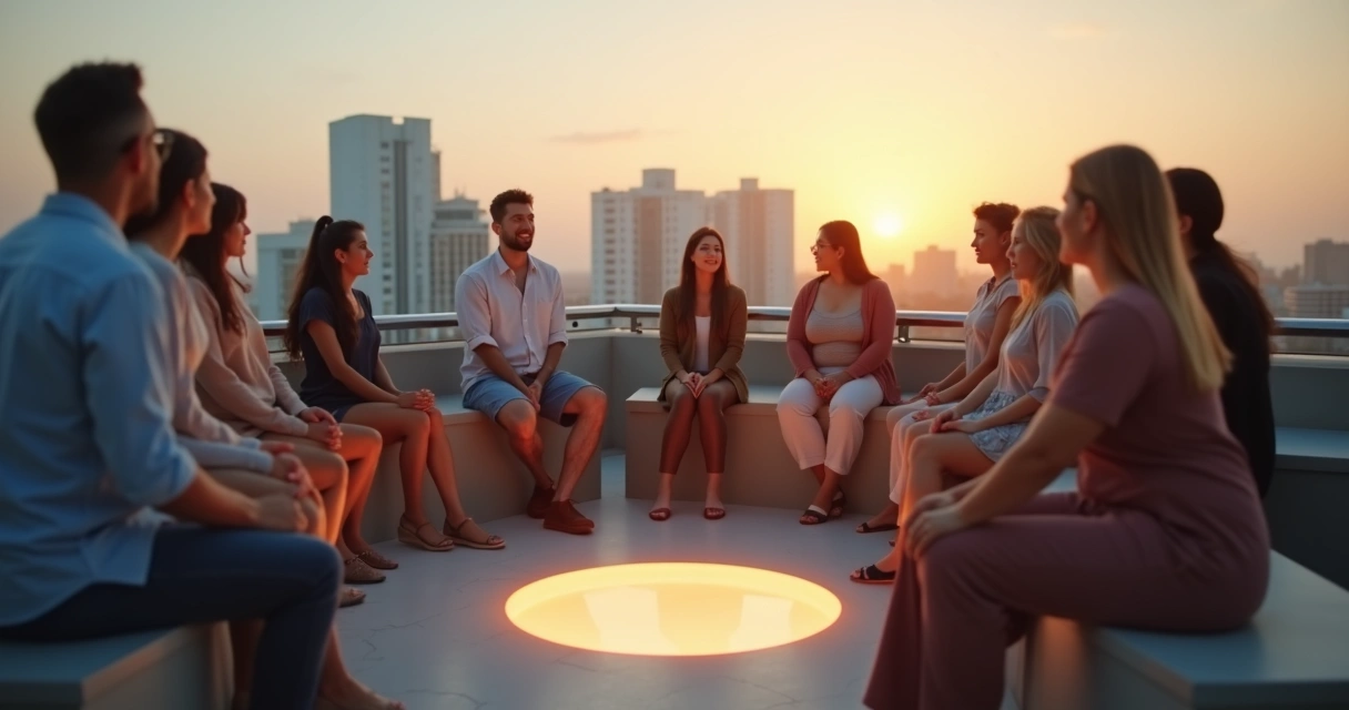 Pessoas em círculo conectadas em ambiente urbano moderno 