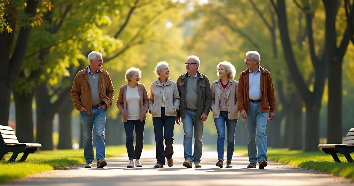 Grupo de pessoas caminhando em parque arborizado 